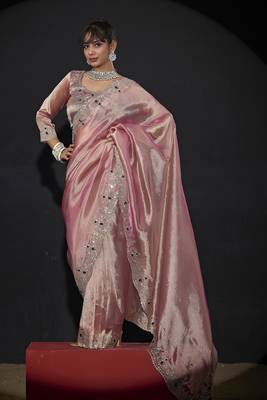 Pink zarkan embroidered work art silk saree 2