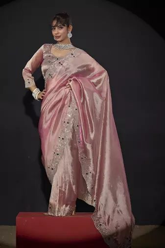 Pink zarkan embroidered work art silk saree