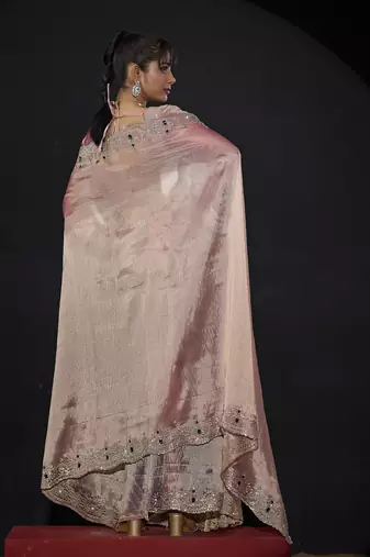 Pink zarkan embroidered work art silk saree