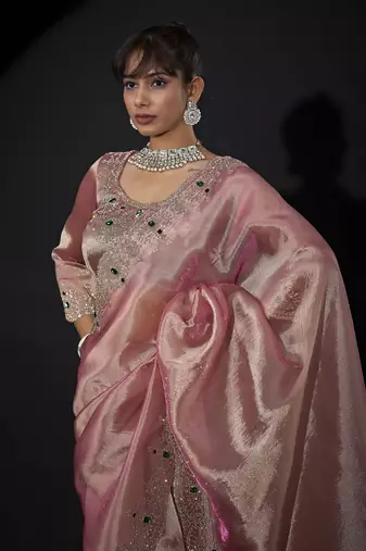 Pink zarkan embroidered work art silk saree