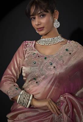 Pink zarkan embroidered work art silk saree 5
