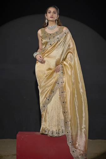 Yellow zarkan embroidered work art silk saree
