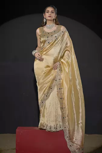 Yellow zarkan embroidered work art silk saree