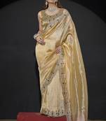 Yellow zarkan embroidered work art silk saree