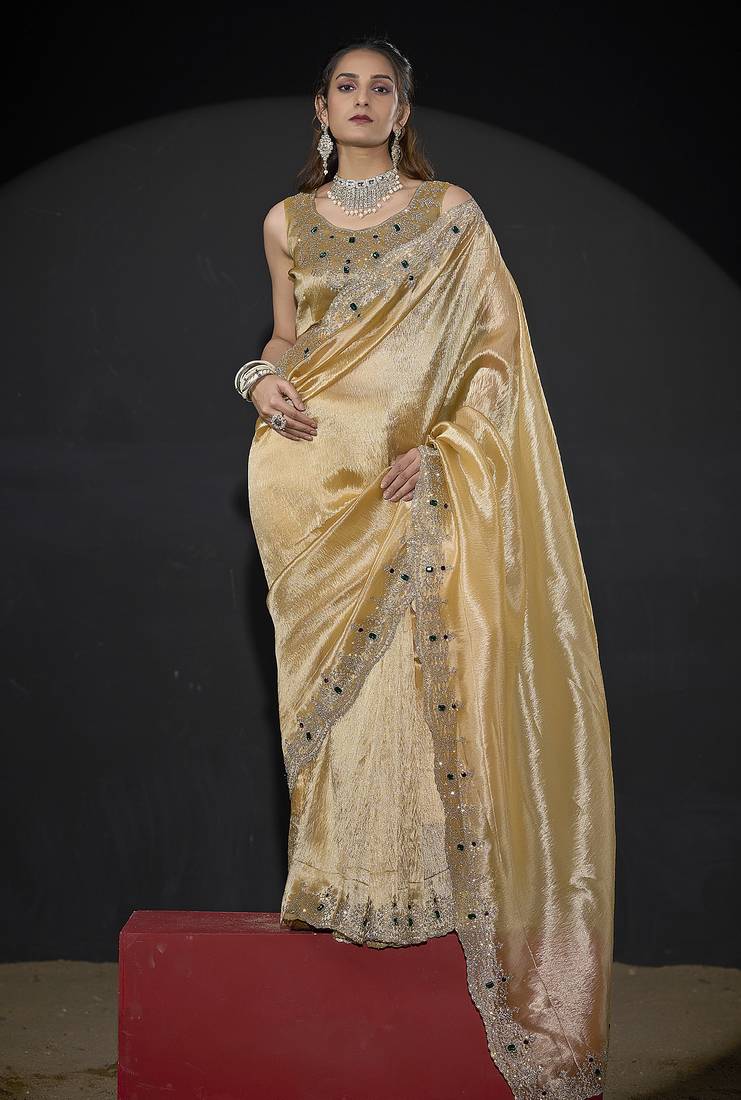 Yellow zarkan embroidered work art silk saree