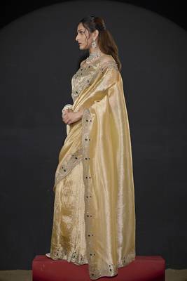 Yellow zarkan embroidered work art silk saree 2