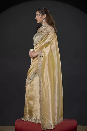 Yellow zarkan embroidered work art silk saree