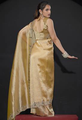Yellow zarkan embroidered work art silk saree 3