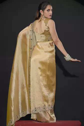 Yellow zarkan embroidered work art silk saree