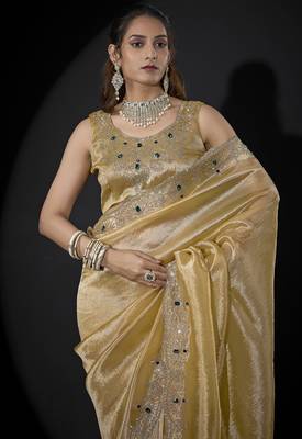 Yellow zarkan embroidered work art silk saree 4