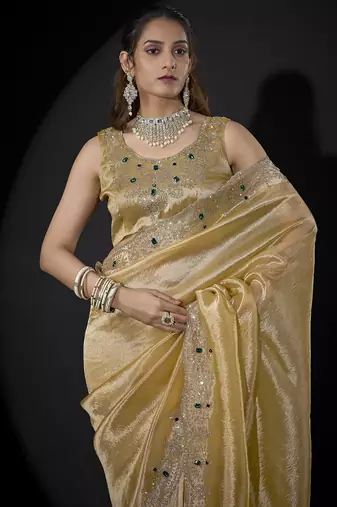 Yellow zarkan embroidered work art silk saree