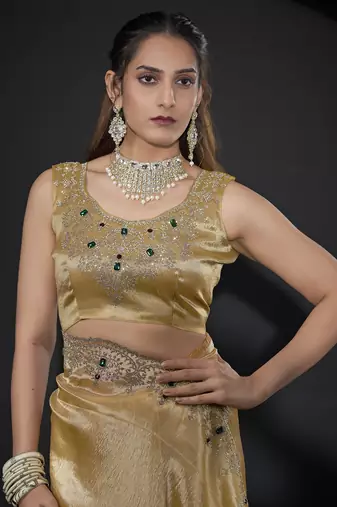 Yellow zarkan embroidered work art silk saree