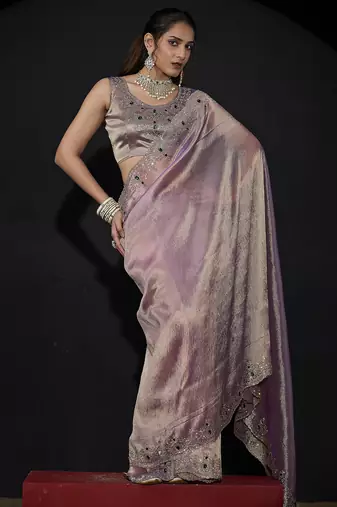 Lavender zarkan embroidered work art silk saree