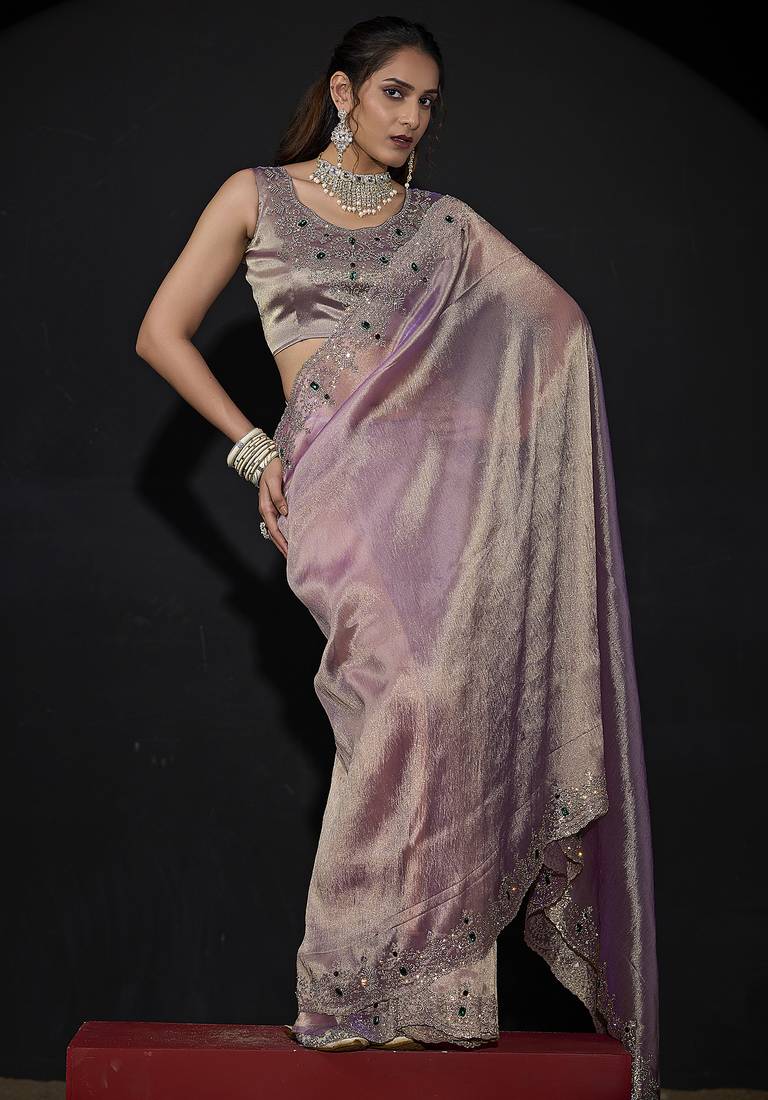 Lavender zarkan embroidered work art silk saree