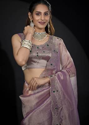 Lavender zarkan embroidered work art silk saree 3