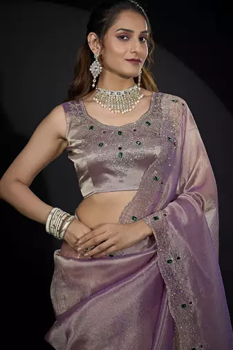 Lavender zarkan embroidered work art silk saree