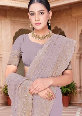 Sequin embroidered work lavender georgette designer saree 2