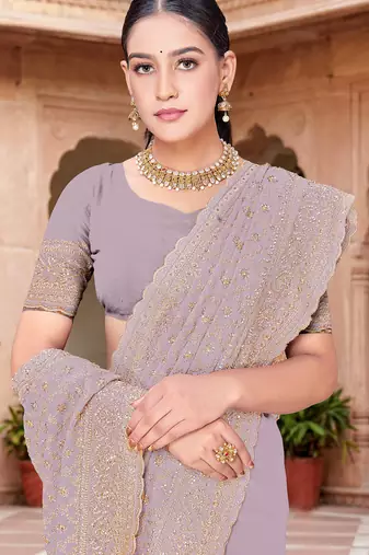Sequin embroidered work lavender georgette designer saree