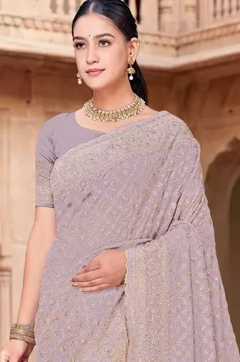 Sequin embroidered work lavender georgette designer saree