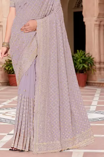 Sequin embroidered work lavender georgette designer saree