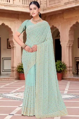 Sequin embroidered work sea green georgette designer saree