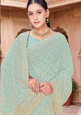 Sequin embroidered work sea green georgette designer saree 2