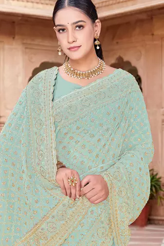 Sequin embroidered work sea green georgette designer saree