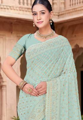 Sequin embroidered work sea green georgette designer saree 3