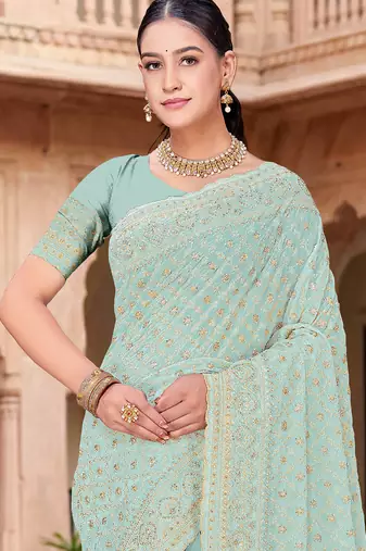 Sequin embroidered work sea green georgette designer saree