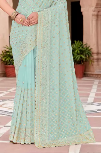 Sequin embroidered work sea green georgette designer saree