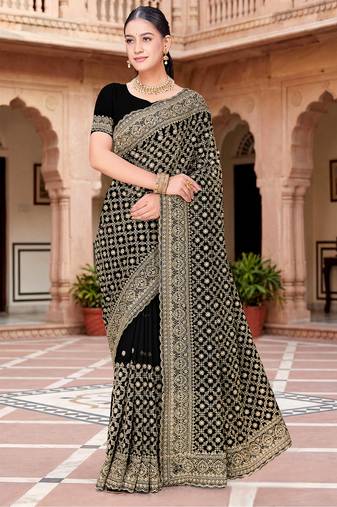 Sequin embroidered work black georgette designer saree