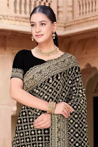 Sequin embroidered work black georgette designer saree