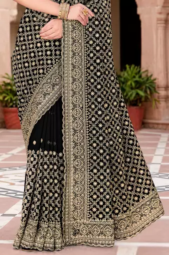 Sequin embroidered work black georgette designer saree