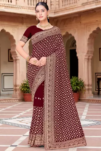 Sequin embroidered work maroon georgette designer saree