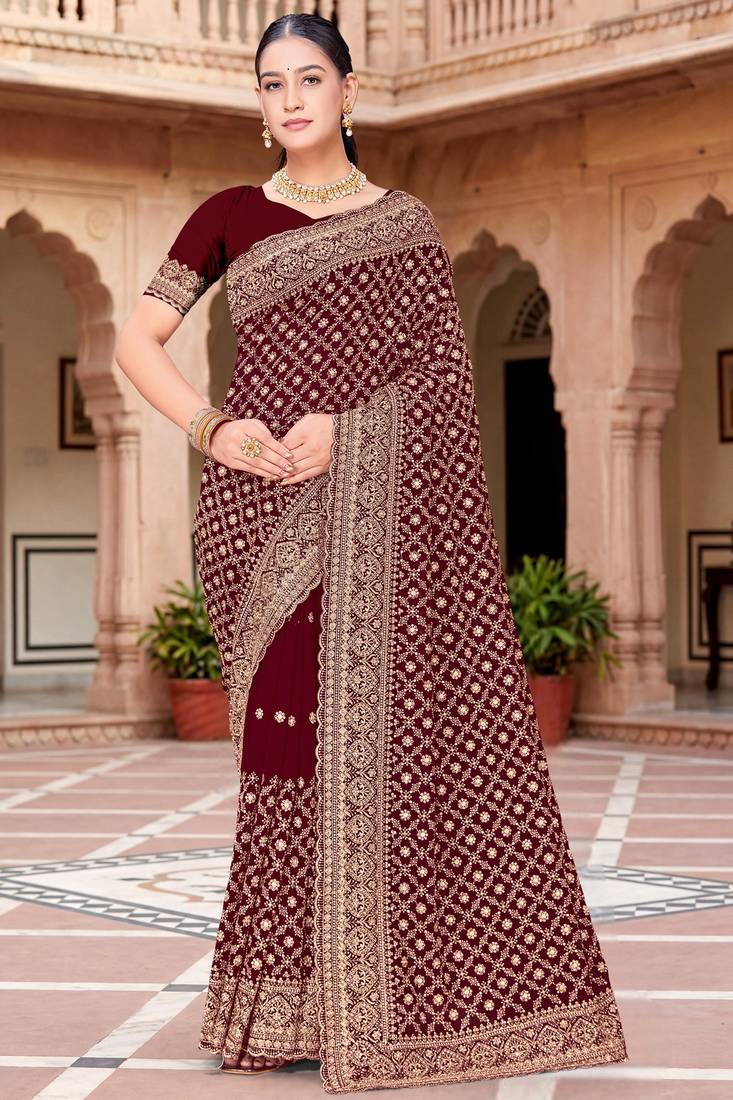 Sequin embroidered work maroon georgette designer saree
