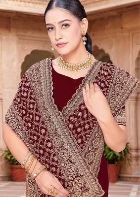 Sequin embroidered work maroon georgette designer saree 2
