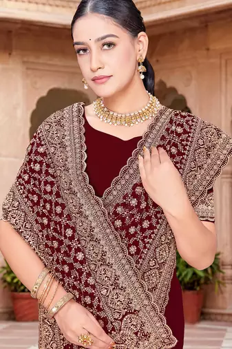 Sequin embroidered work maroon georgette designer saree