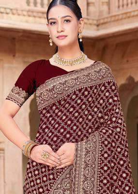 Sequin embroidered work maroon georgette designer saree 3