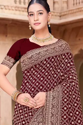 Sequin embroidered work maroon georgette designer saree