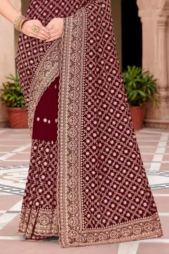 Sequin embroidered work maroon georgette designer saree