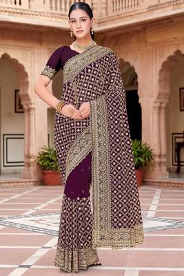 Sequin embroidered work purple georgette designer saree 1