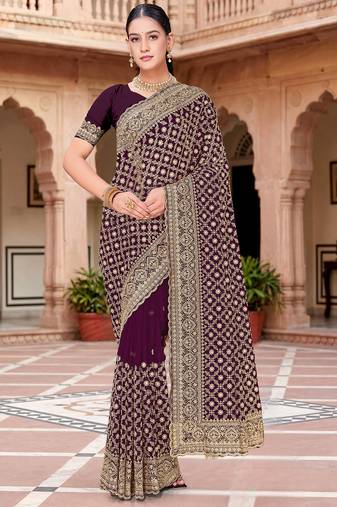 Sequin embroidered work purple georgette designer saree