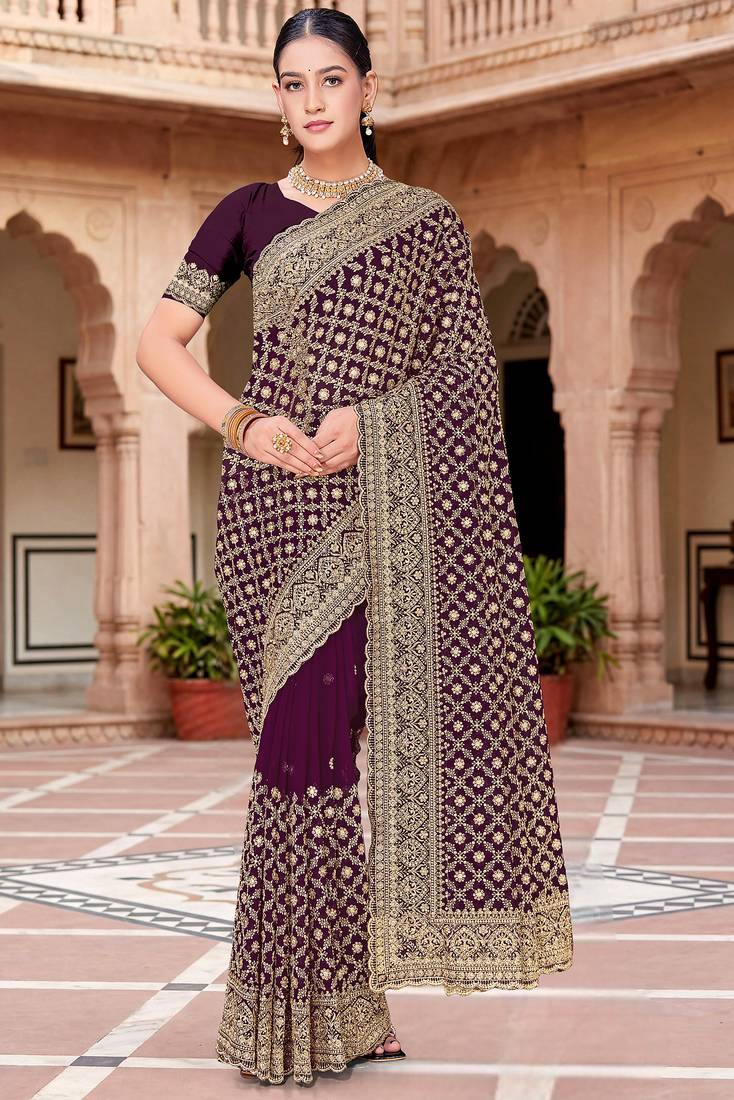 Sequin embroidered work purple georgette designer saree