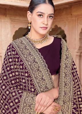 Sequin embroidered work purple georgette designer saree 2