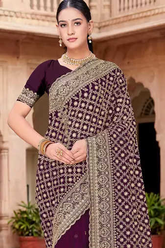 Sequin embroidered work purple georgette designer saree