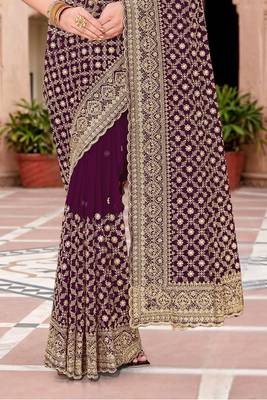 Sequin embroidered work purple georgette designer saree 4