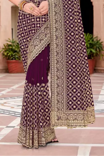 Sequin embroidered work purple georgette designer saree