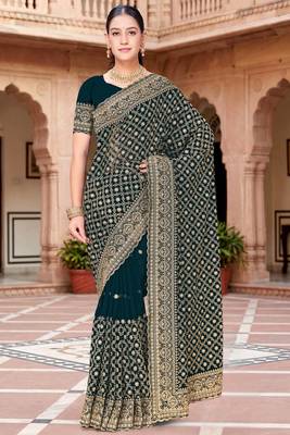 Sequin embroidered work teal blue georgette designer saree 1