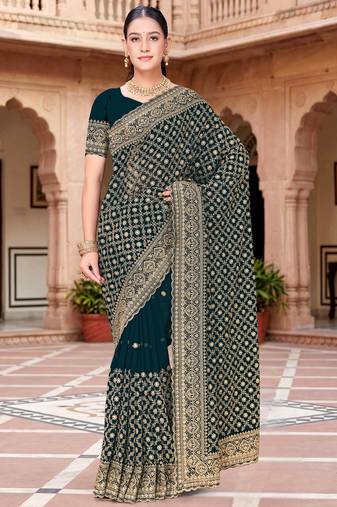 Sequin embroidered work teal blue georgette designer saree