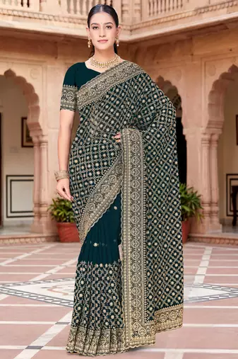 Sequin embroidered work teal blue georgette designer saree